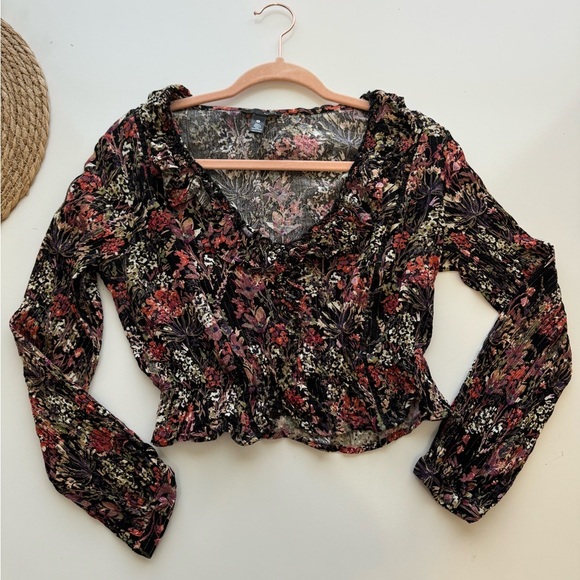 Aqua Floral Ruffled‎ Neck LOng Sleeve Top Size Small - Picture 1 of 8